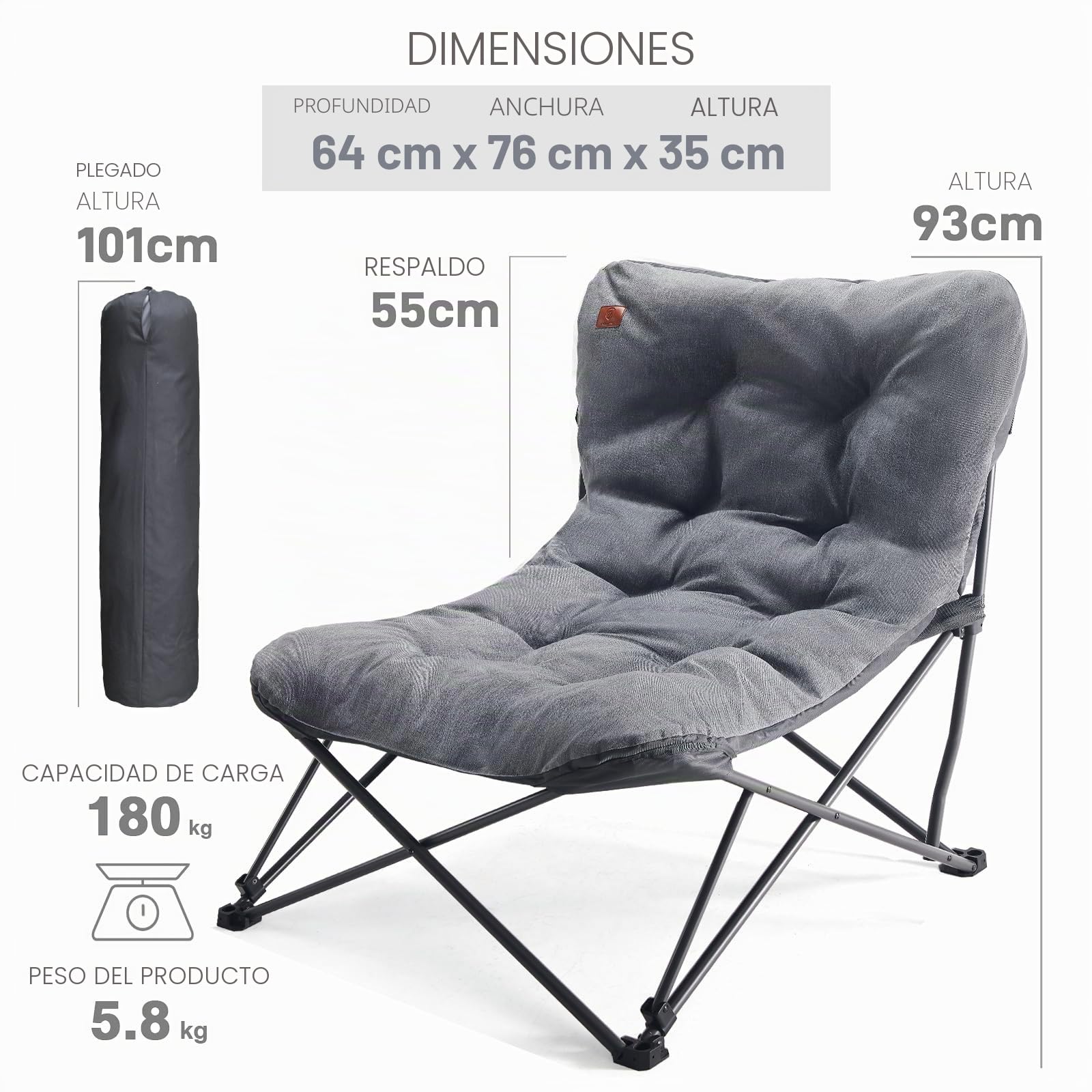 EVER ADVANCED Silla de Camping Plegable Lujo XXL 180KG Capacidad, Sillón Extra Grande Reforzado con Respaldo Alto, Silla de Jardín Relax para Camping Jardín Balcón Pesca Festival Interior