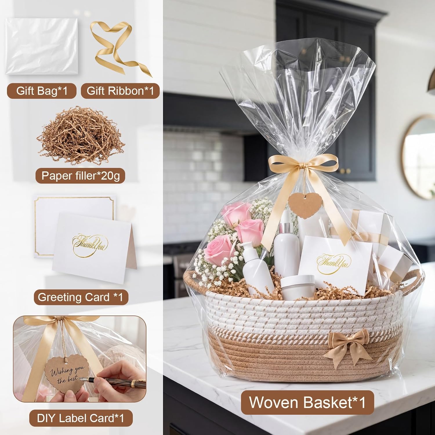 Colingmill Mother's Day Empty Gift Basket 14 * 10 * 5.5 in Basket with Gift Bag Ribbon and Paper Filler Thank You Card Tag for Graduation Nursery Living Room Shelves Birthday(Khaki,Jumper Wire)