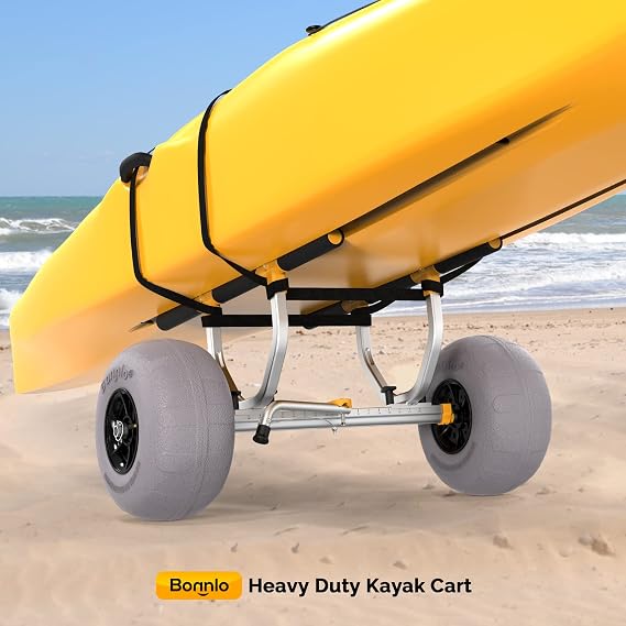 Bonnlo Kayak Beach Cart, Width Adjustable 6.3-18.7 Universal Canoe Dolly Heavy Duty Kayak Trolley with 12 Balloon Beach Wheels, Kickstand, and Free Pump, Sturdy 330 Lb Weight Capacity