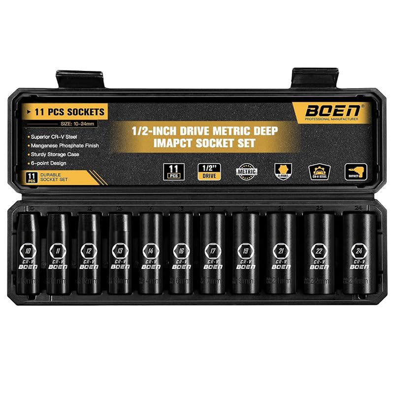 Jogo de Soquetes de Impacto Longos boen 1/2" (12,7 mm), 11 Peças, 10–24 mm, 6 Pontos, Aço Cromo-Vanádio com Estojo