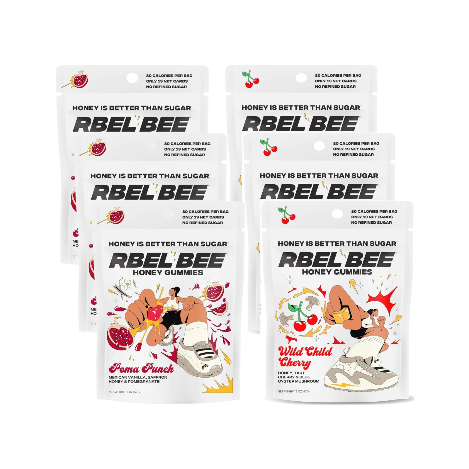 Rbel Bee Sweets Fruit Chews Variety Pack – Wild Child Cherry & Poma Punch | Sweetened with Honey, No Corn Syrup or Refined Sugar | Gluten-Free, Caffeine-Free | 6 Pack (3 of Each Flavor)