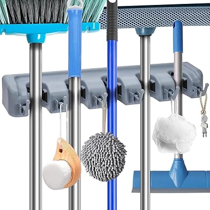BALOJ BROTHERS 1 PC Mop Holder and Broom Holder, 4 Slot Position with 5 Hooks Broom Stick Holder Wall Mounted, Broom Stand Holder for Home Holder Plastic, Multicolour- 1 PC