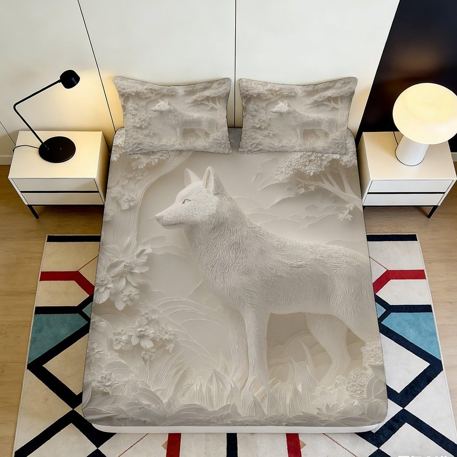 3D Printed Wolf Forest Fitted Sheet Microfiber Beige Bedroom Decor Mountain Bed Cover for All Ages 90x200x25cm