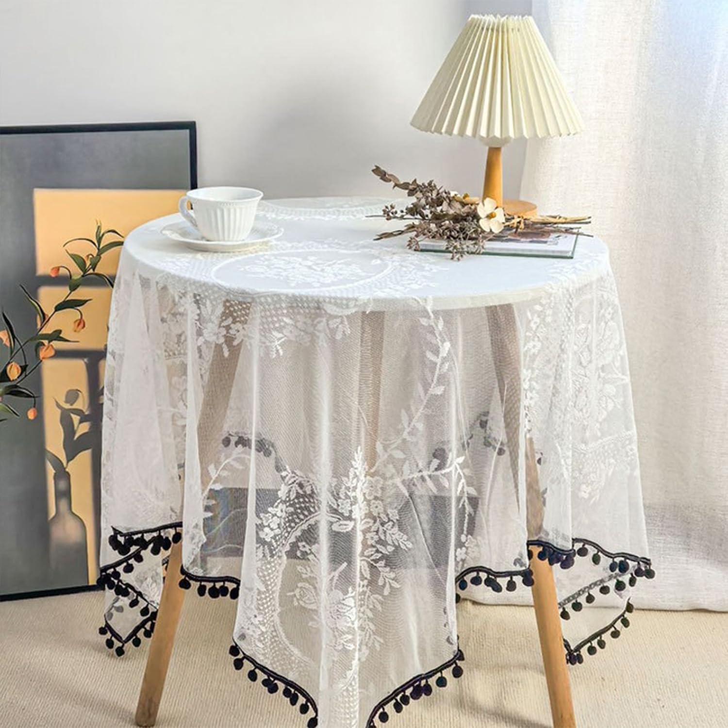 FOELANNE Embroidered Lace Tablecloth, White And Black Lace Square Tablecloth With Pom-Pom Fringe Multiple Sizes(White and Black Pom-pom Fringe,140x140cm)