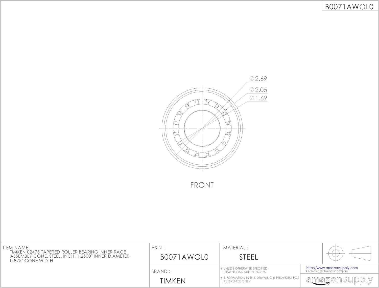 Timken 02475 Tapered Roller Bearing Inner Race Assembly Cone, Steel, Inch, 1.2500" Inner Diameter, 0.875" Cone Width