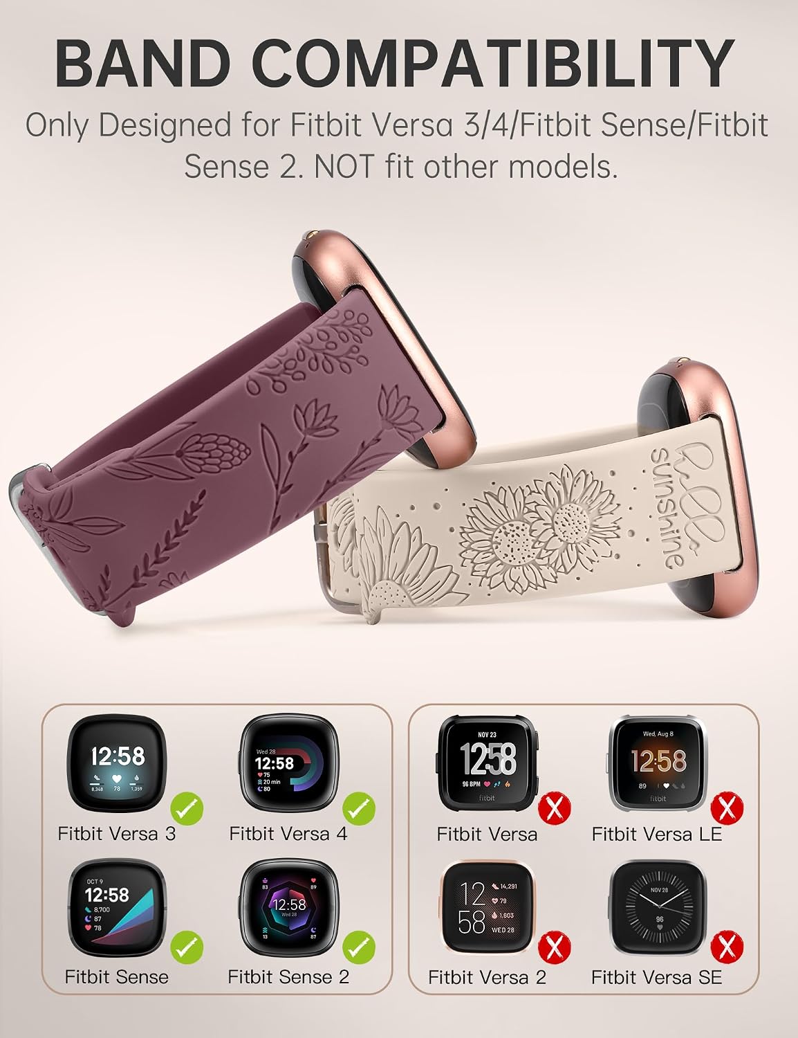 Minyee 2 Packs Floral Engraved Band Compatible with Fitbit Versa 4/Versa 3/Sense 2/Sense Band Women, Cute Silicone Dandelion Sunflower Design Soft Sport Fancy Summer Strap for Versa 4 image 2