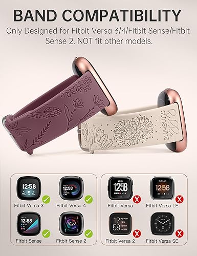 Miniatura 2 de Minyee Paquete de 2 correas grabadas florales compatibles con Fitbit Versa 4Versa 3Sense 2Sense Band para mujer, lindo diseño de girasol de diente