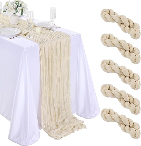 Paquete de 5 caminos de mesa de gasa beige de 10 pies de gasa rústica bohemia para fiesta de cumpleaños, boda, despedida de soltera, decoración de