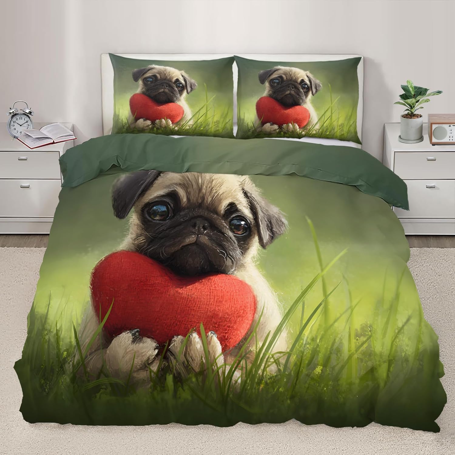 NDXRWDZR King Size Duvet Set Pug Duvet Cover with Zipper Closure Bedding Set for Aldults Kids Soft Hypoallergenic Microfiber Quilt Cover 230x220 cm + 2 Pillowcases 50x75 cm