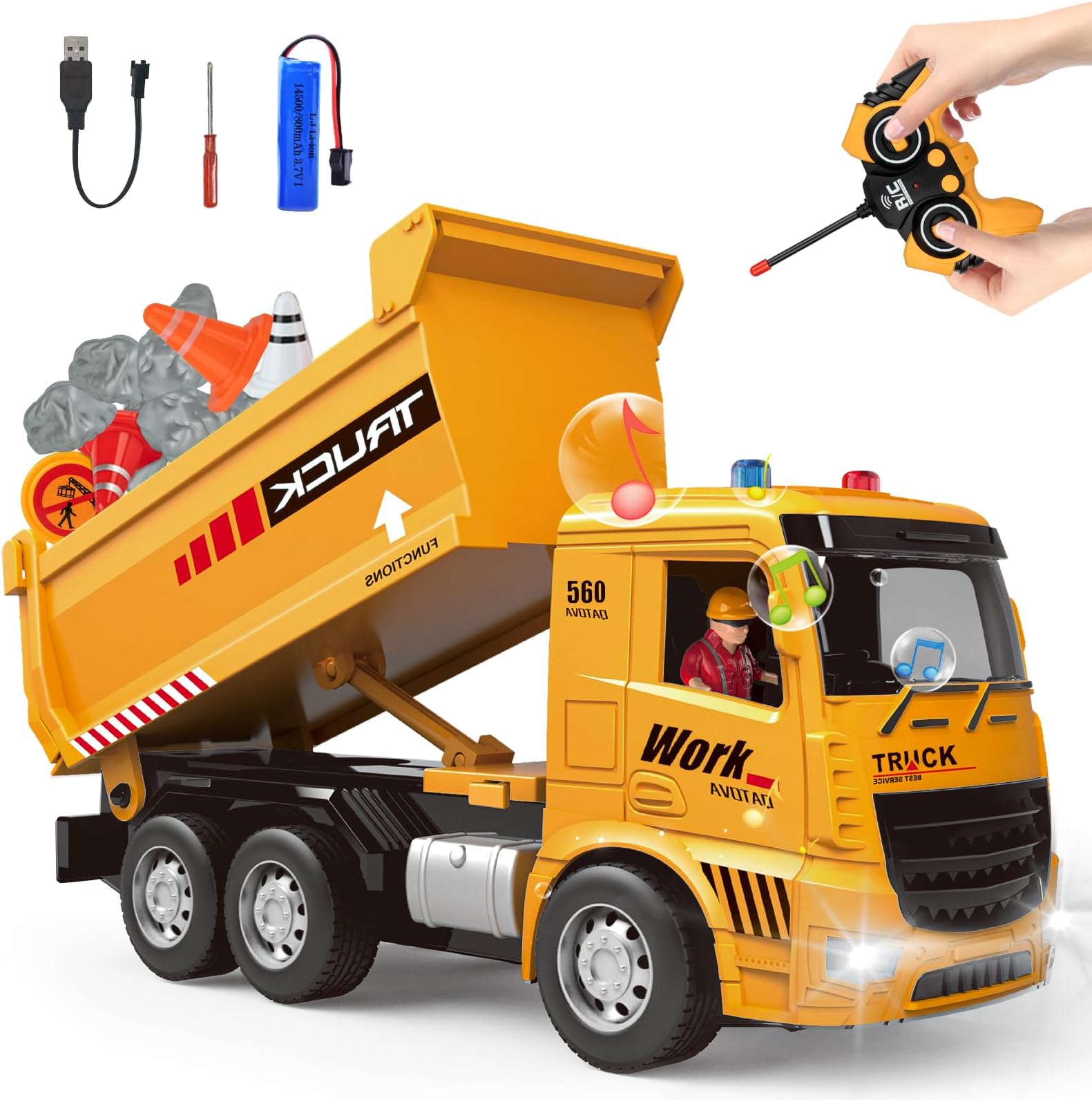 Race Remote Control Dump Truck - RC Construction Vehicles with LED Lights and Simulation Sound Rechargable Hydraulic Car for 6 7 8 9 Year Old Boys, Educational Toys Birthday Gifts for Kids