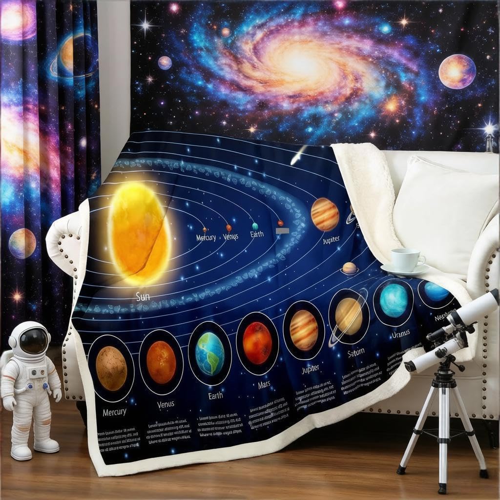 Loussiesd Boys Multicolored 38 Solar System Galaxy Outer Space Fleece Throw Blanket For Kids Girls Universe Planets Plush Blanket Astronomy For Sofa Bed Couch Single 50X60 Inch