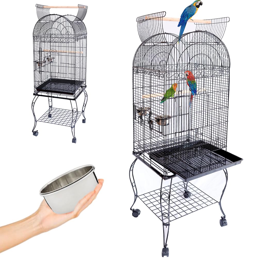 BAKAJI Gabbia Voliera per Uccelli, Pappagalli Inseparabili, Parrocchetti, Volatili con Carrello e Tetto Apribile in Metallo e Legno Nero Gabbietta con Posatoi e Ruote con Blocco, 59 x 59 x 150 cm