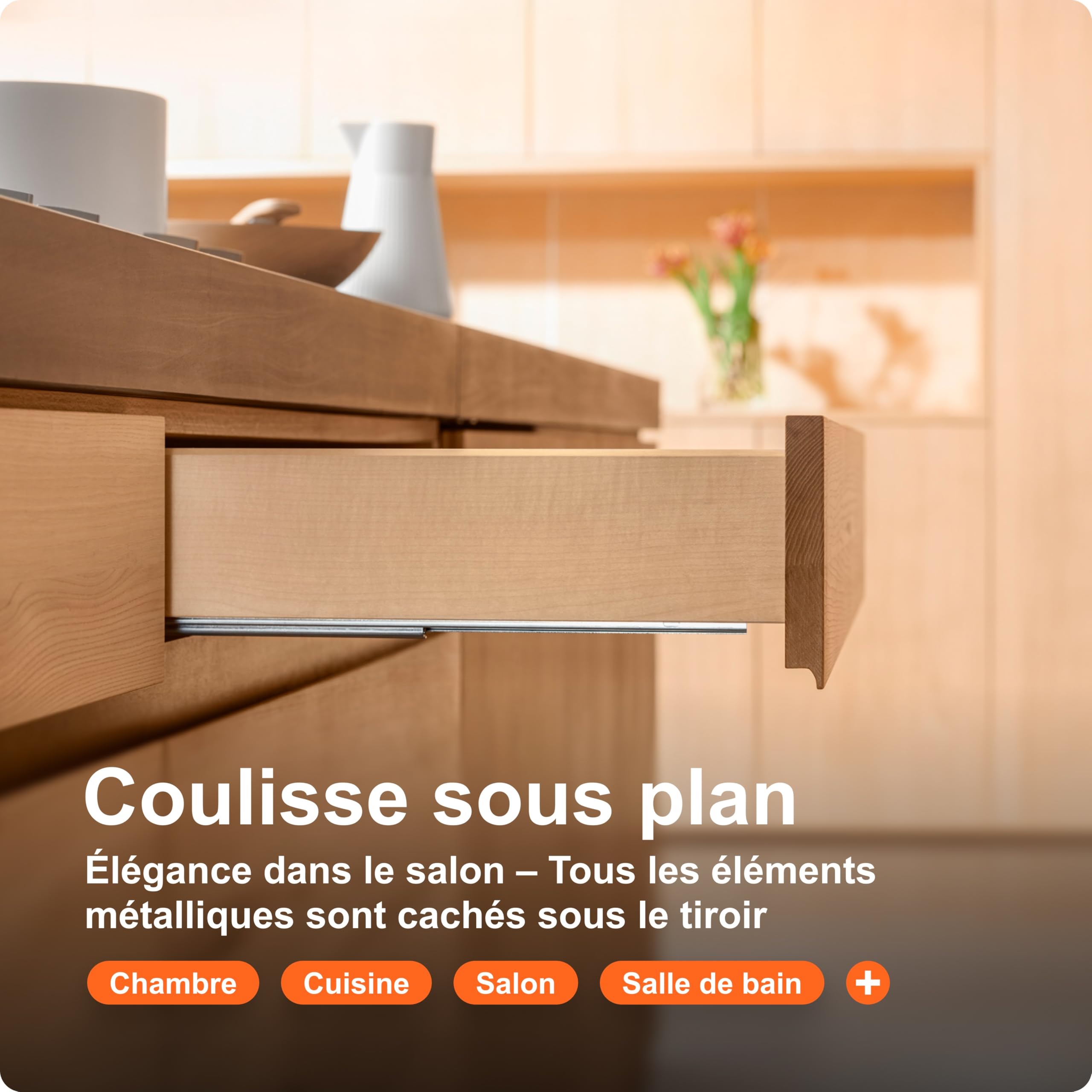 blum sortie totale Tandem 450 mm I coulisse à profil sous le tiroir invisible I sortie de tiroir Soft-close avec amortissement blumotion I sortie pour meuble de cuisine I système coulisses 1 paire