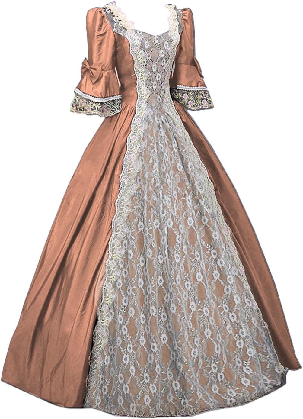 Women Dresses Sale Vintage Square Neck Short Sleeve Dress Renaissance Lace Clashing Dress Medieval Swing Maxi Dress Party Evening Dress Ladies Fancy Dress UK Large Size 8-22