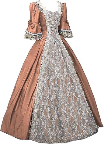 Victorian Dress for Women Renaissance Costume Masquerade Ball Gown Lace Overlay Floor Length Dress with Bell Sleeves