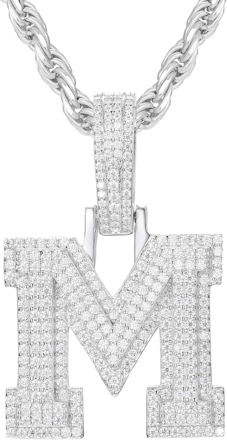 YIMERAIRE 3D Iced Out Letter Pendant Sterling Silver Moissanite Initial Letter Necklace - 925 Sterling Silver Nameplate Pendant For Men & Women