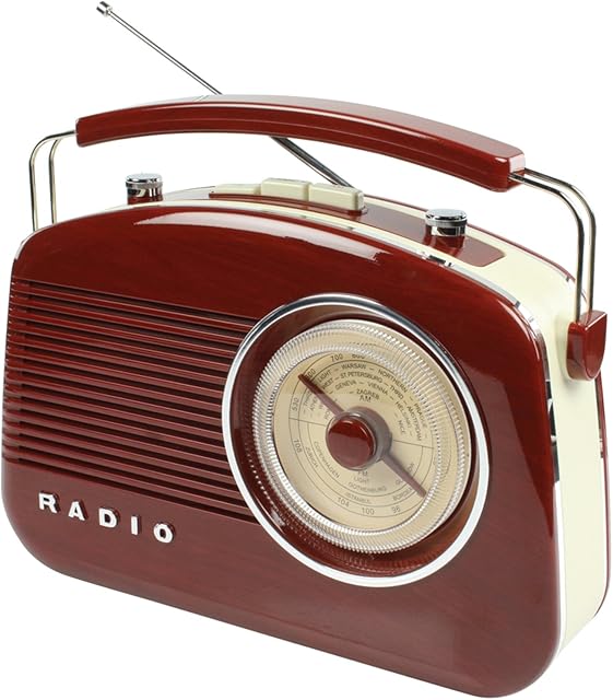 Konig Retro AM/FM Radio with Carry Handle - Glossy Reddish Brown Woodgrain Effect with Cream Sides