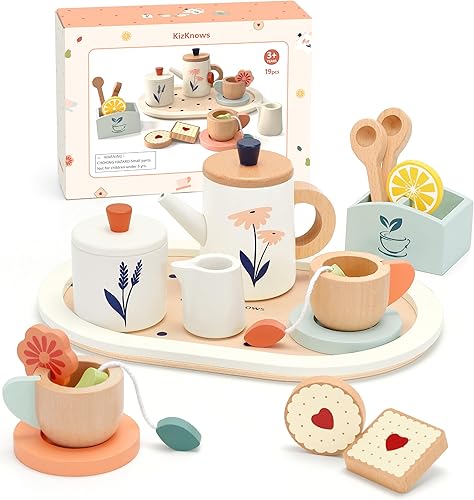 Miniatura 7 de Juego de té de madera para niños pequeños, juego de fiesta de té de madera para niños, juego de juguetes de comida, accesorios de cocina, fiesta de