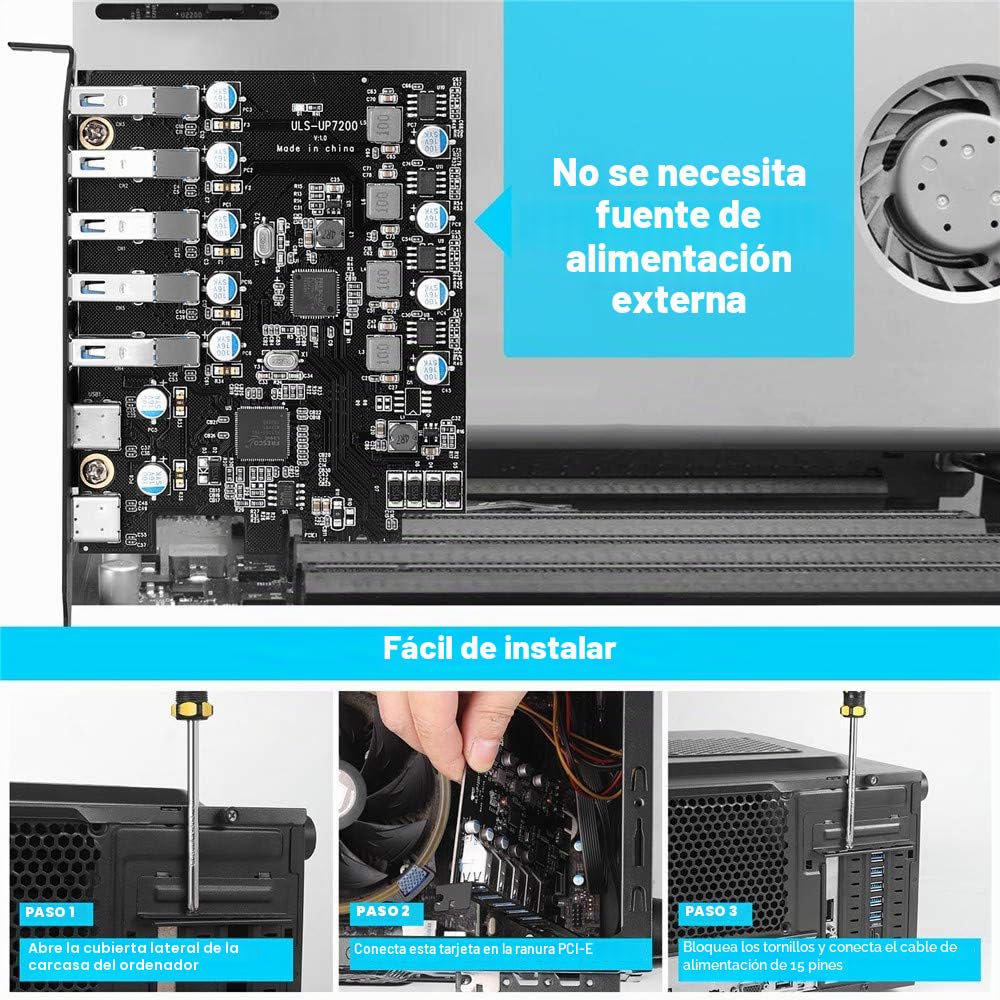 Tarjeta de Expansión 7 Puertos (2X Tipo-C, 5X Tipo-A) PCIe USB 3.0 (USB 3.2 Gen 1) 5 Gbps para PC de Sobremesa Compatible con Windows Mac