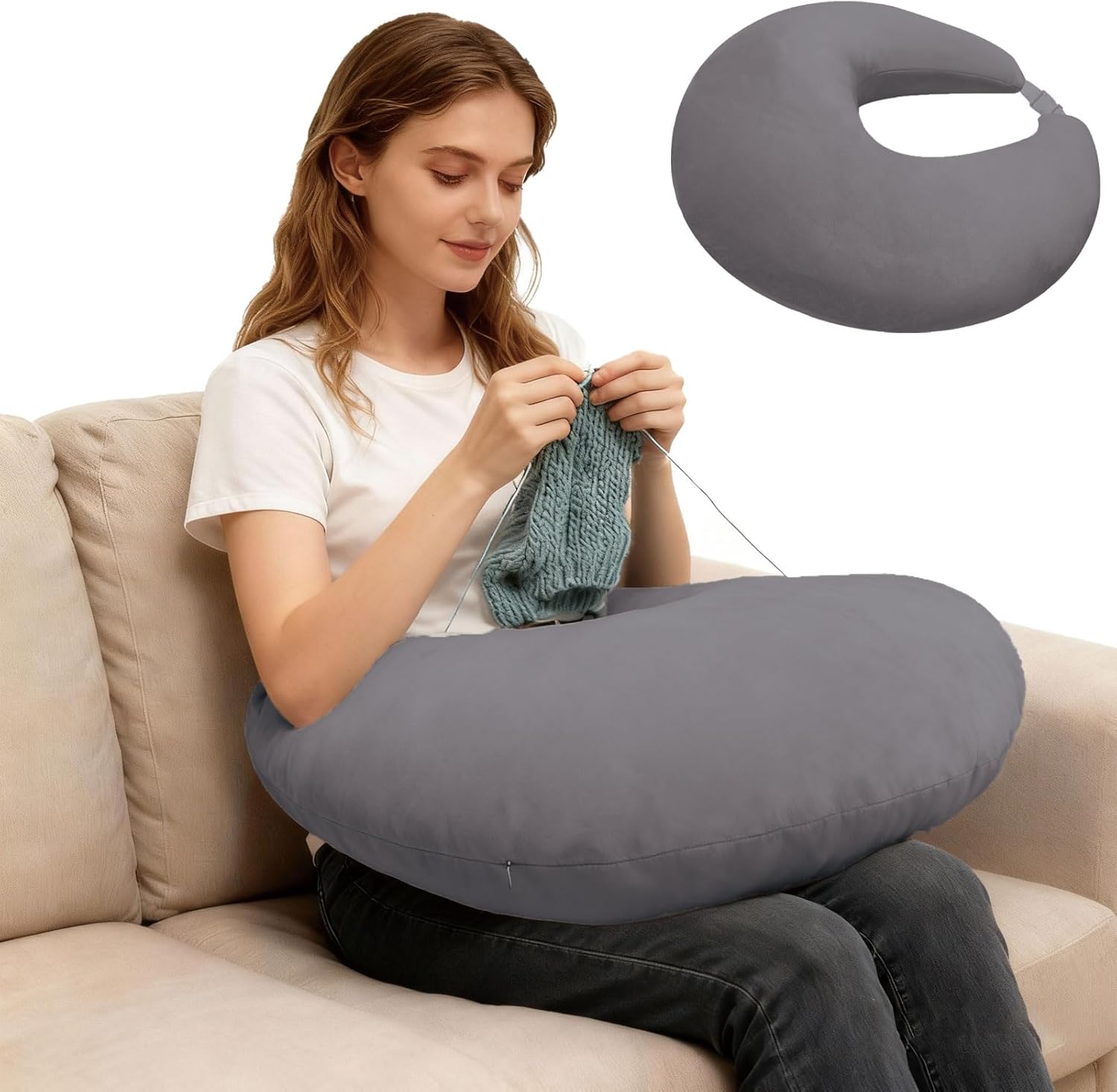 Crochet Pillow for Lap Support, for Bed or Sofa Gaming, Working, Reading, Laptop Multi-Purpose U-Shaped Arm Rest Support Pillows (Dark Gray)