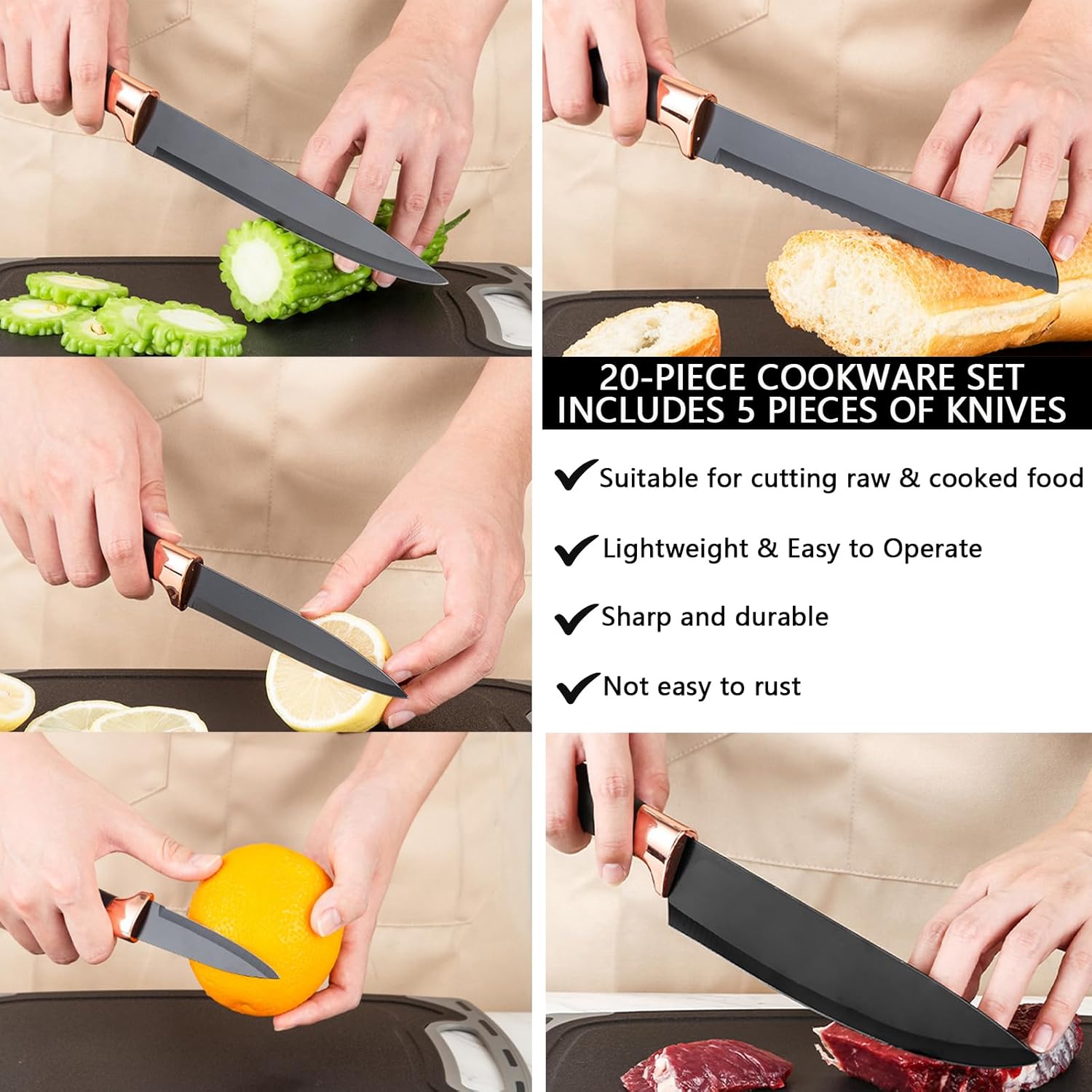 Kitchen Utensil Set,20 Pieces Kitchen Stainless Steel Knives Set Silicone Cooking Utensil with Wooden Handles,Home Kitchenware Accessories Cookware with Stand Block (Black)