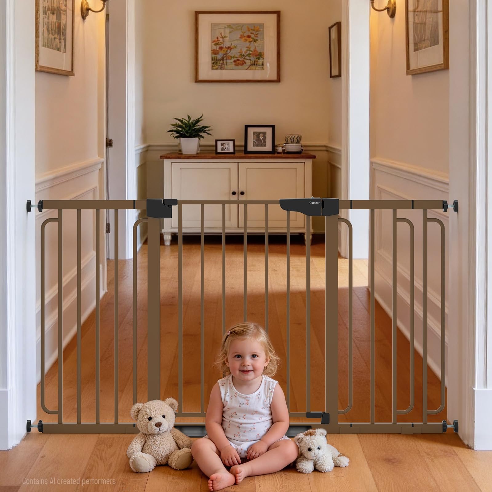 Cumbor 30.4-56.8" Extra Wide Baby Gate, Auto Close Dual Lock Dog Gate Brown | Easy Install Pressure Mounted Pet Gate for Doorways & Wide Openings, Easy Walk Thru Safety Proofing for Babies & Large Dogs