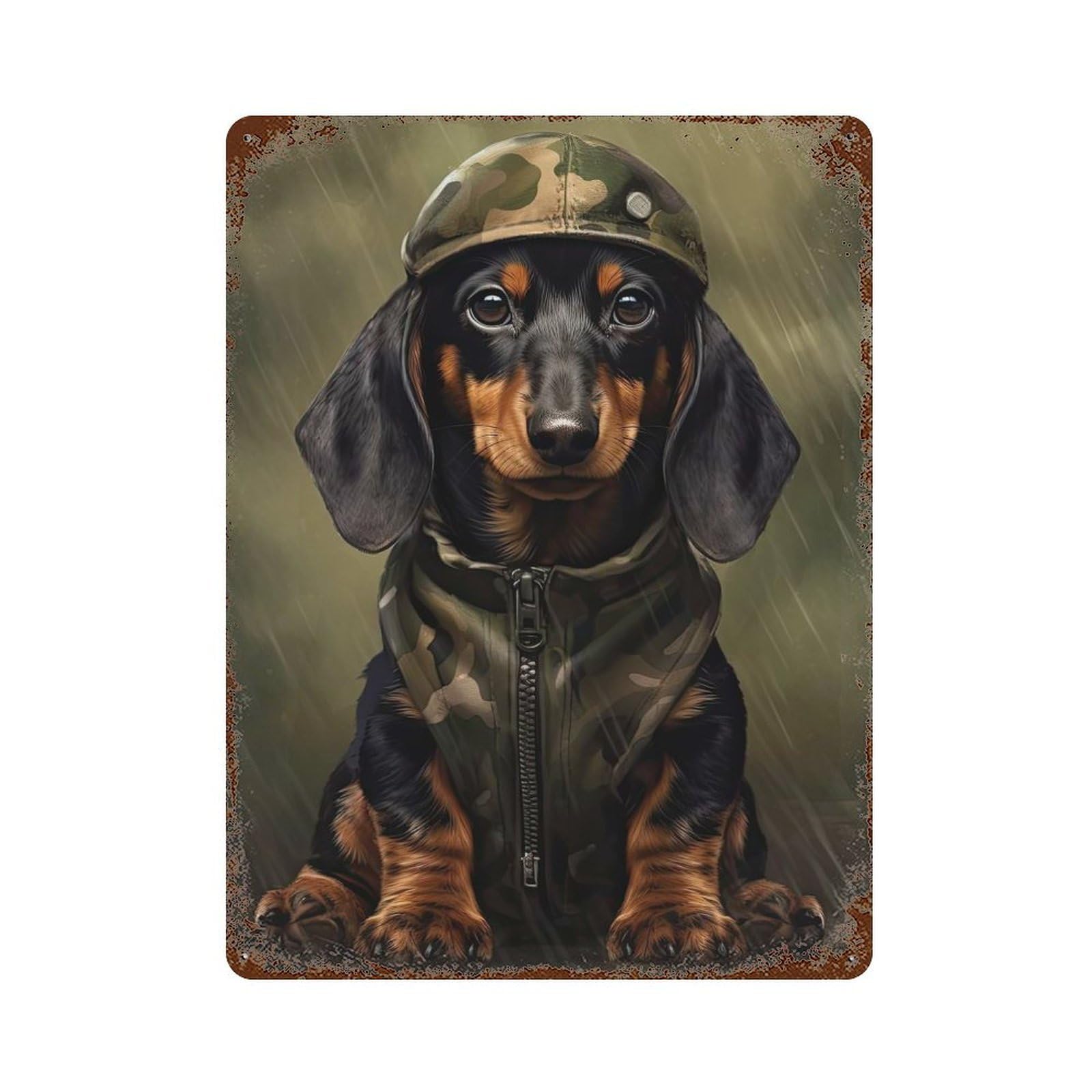 Dachshund Camo Jacket Vintage Rust Metal Sign 15.7"x11.8", for Pub, Kitchen And Man Cave Decor, Rustic Home Decor