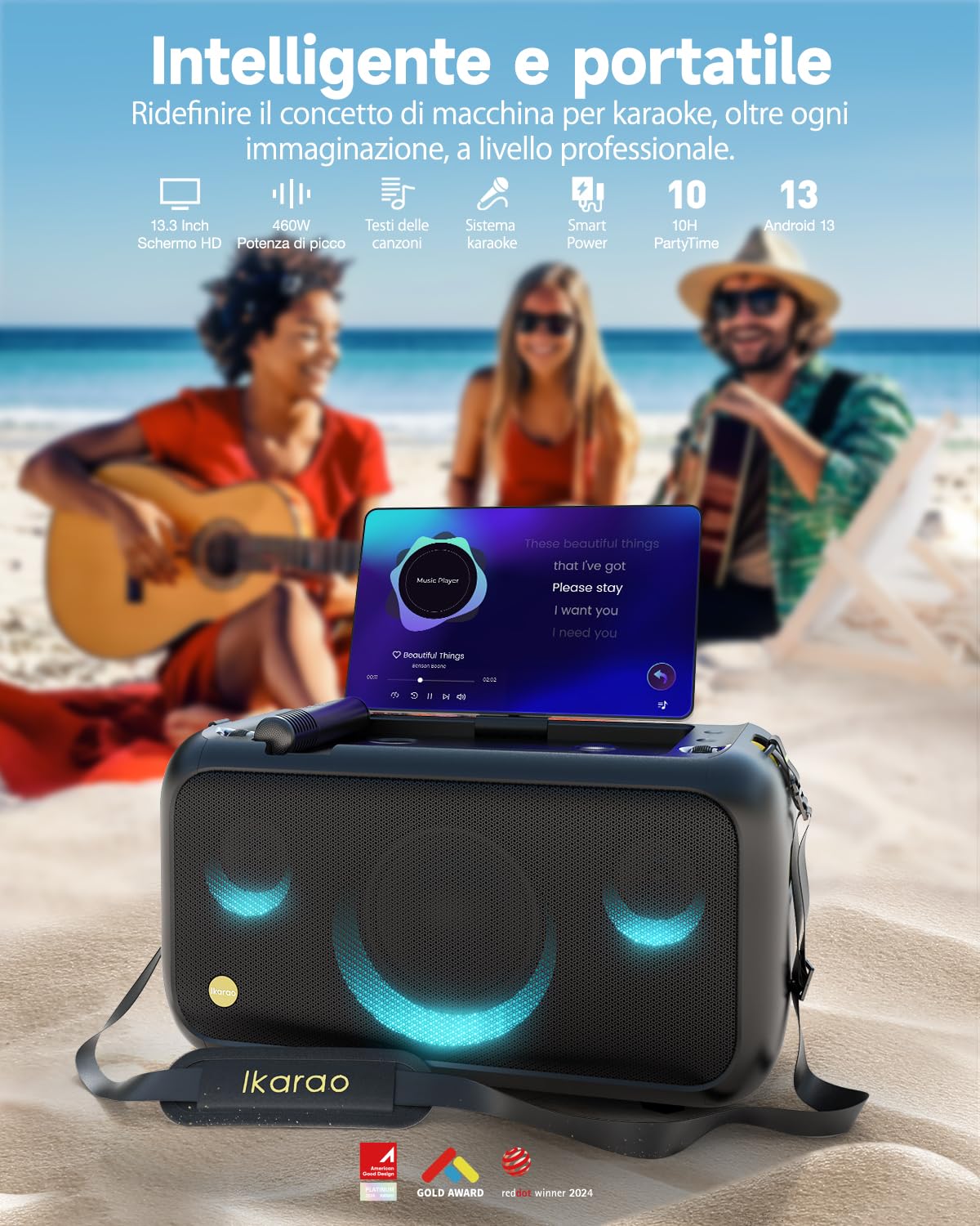 Ikarao Break X1 Macchina Karaoke con Schermo Touch 13,3", Altoparlante Bluetooth 800W, 2 Microfoni Wireless e Luci LED – Perfetta per Feste, Serate in Famiglia ed Eventi con Design Moderno