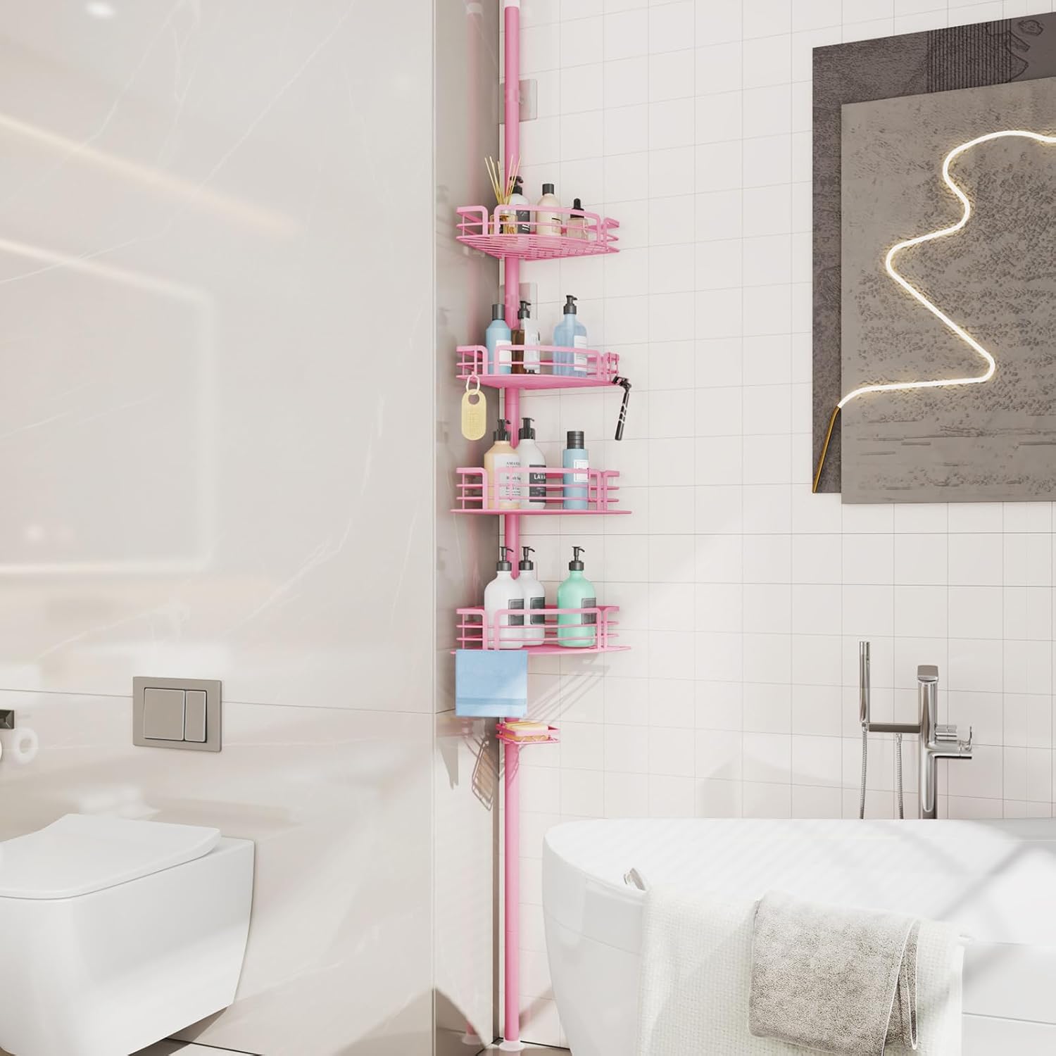 Consumest Corner Shower Caddy Tension Pole - Rustproof Shower Shelves with Towel Bar & Soap Holder, Adjustable Bath Organizer for Bathroom Storage, 27.6-108.3 inch, Pink