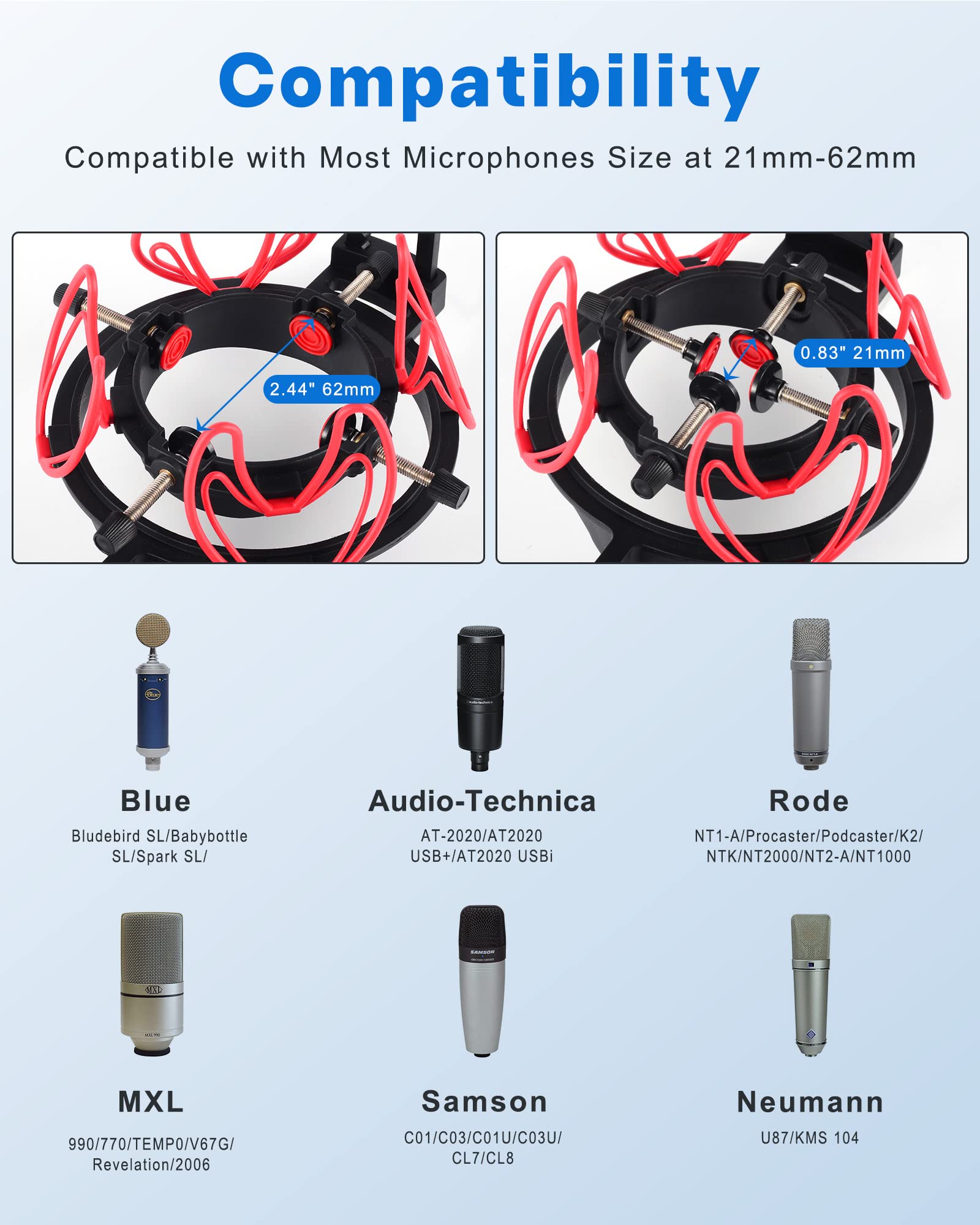 SUUNTOK Microphone Shock Mount with Pop Filter Universal Shock Stand for Microphones Size at 21-62mm Anti-Vibration Mic Holder Clip Compatible with AT2020 MXL 990 770 Rode NT1-A Neumann 103(Red) - Image 4