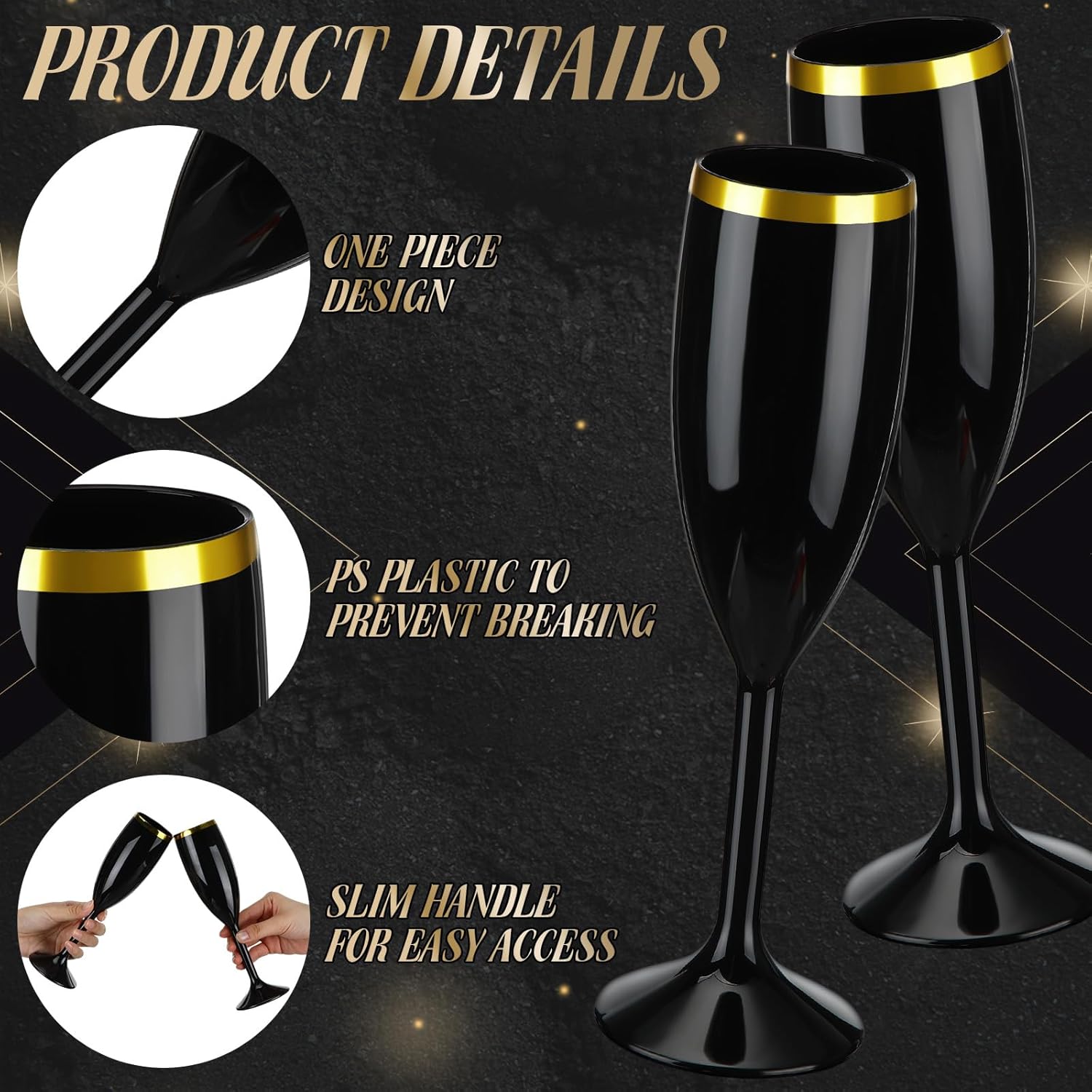 Domensi 40 Pcs Champagne Flutes Bulk 6 oz Christmas Acrylic Wine Glasses Toasting Goblet Unbreakable Plastic High Stem Champagne Cups for Wedding Birthday Party (Black and Gold)
