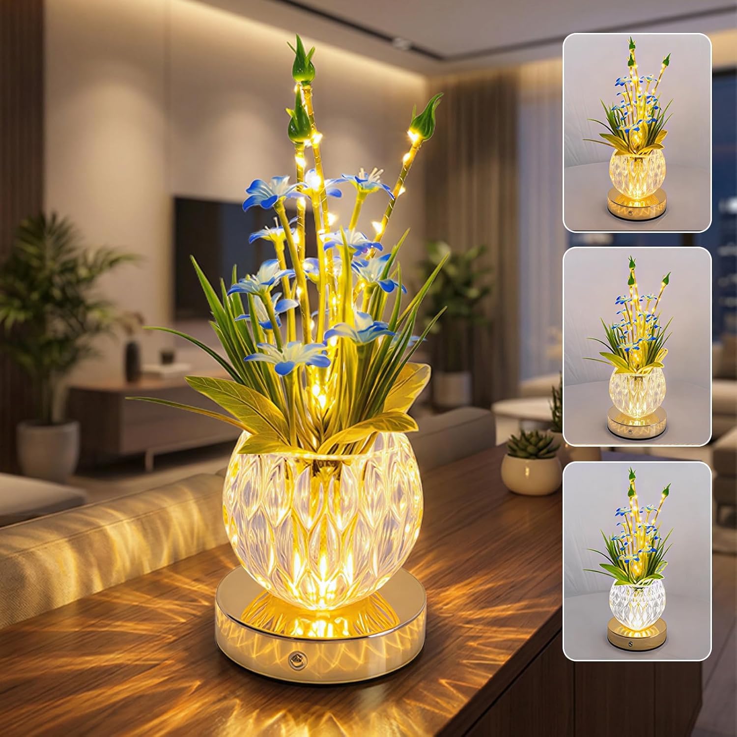 Wekity Flower Table Light,Mini Lily Table Decor with 3 Colors Dimmable, Rechargeable Cordless Artificial Flowers Night Light for Date Party Home Decoration (Blue - Lily)