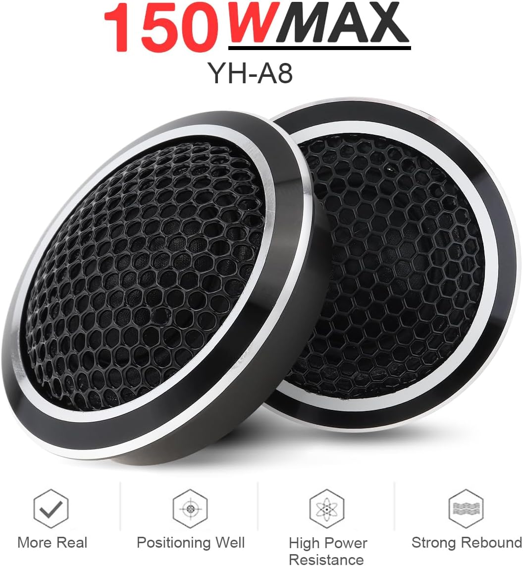 Two DriSentri YH-A8 Silk Dome Tweeters, showing their compact size and black and silver design, with '150W MAX YH-A8' text indicating power handling and model.