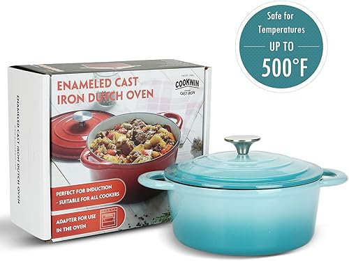 Miniatura 113 de Cacerola de hierro fundido COOKWIN, 3.8 QT, Sartén de hierro fundido con tapa y asas dobles, olla de superficie esmaltada de porcelana, Verde azulado