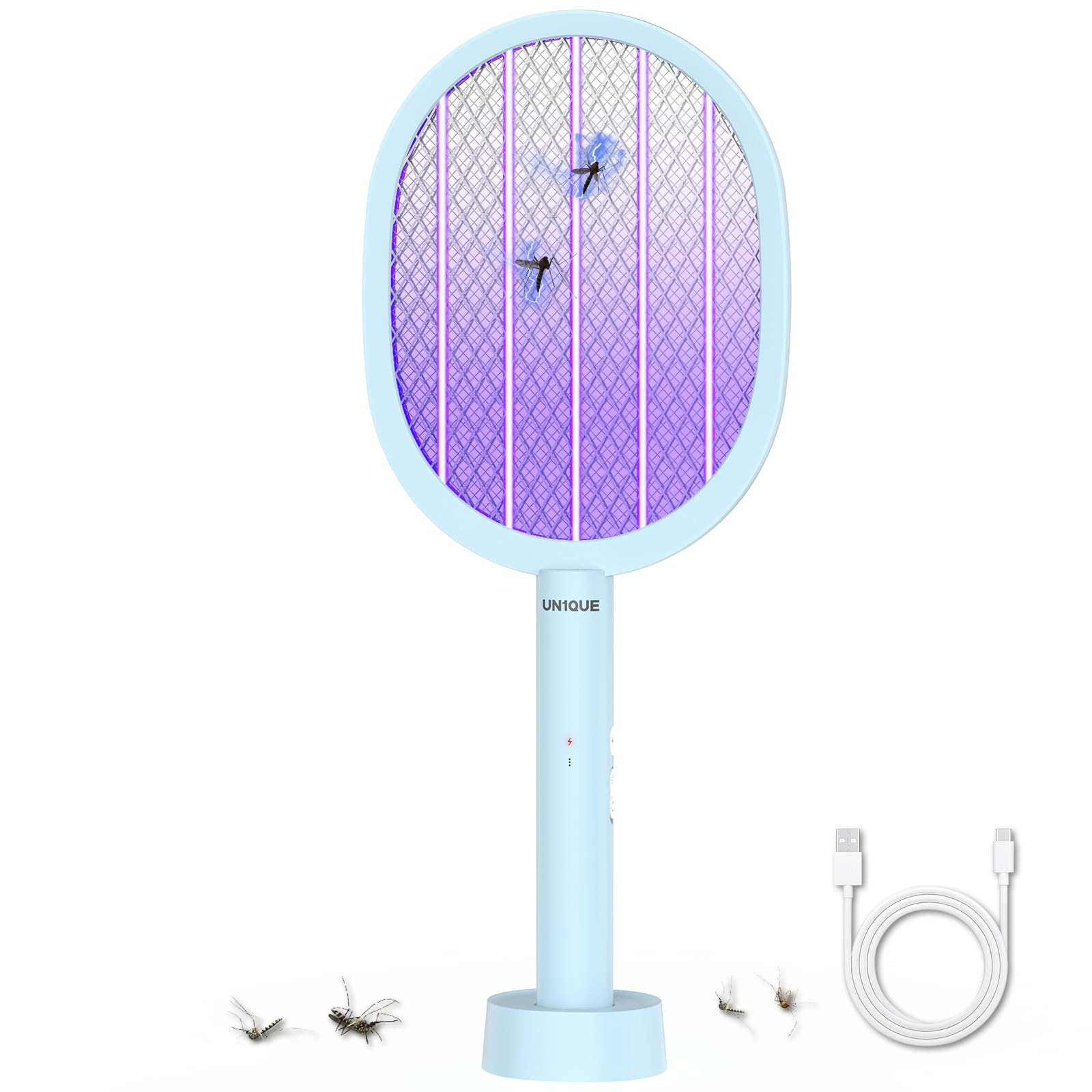 UN1QUE Mosquito Bat Rechargeable with UV Light Lamp, Electric Fly Swatter, 2-in-1 Mosquito Racket with Base, 1200mAh Long-Lasting Battery, Bug Zapper for Indoor and Outdoor - Blue
