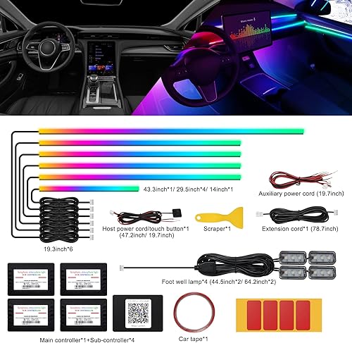 Miniatura 43 de Tira de luces LED acrílicas para interior de automóvil con aplicación inalámbrica, RGB 10 en 1, 175 pulgadas, 593 LED, iluminación ambiental
