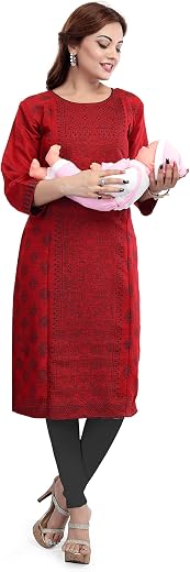 B2F Women's Printed Rayon Cotton Straight Maternity Kurti with Zipper, Feeding Kurta for Pre and Post Pregnancy