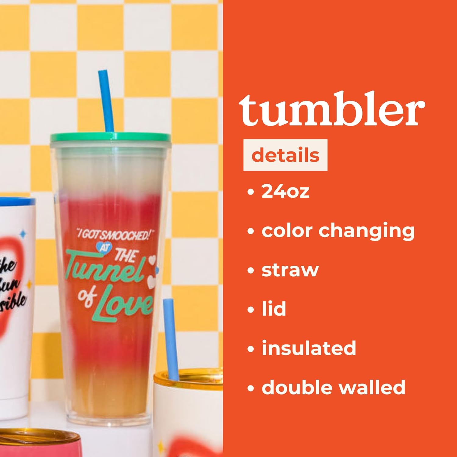 ban.do Color Changing Cup with Straw, 24 oz Double Wall Tumbler, Insulated Plastic Travel Tumbler, Tunnel of Love