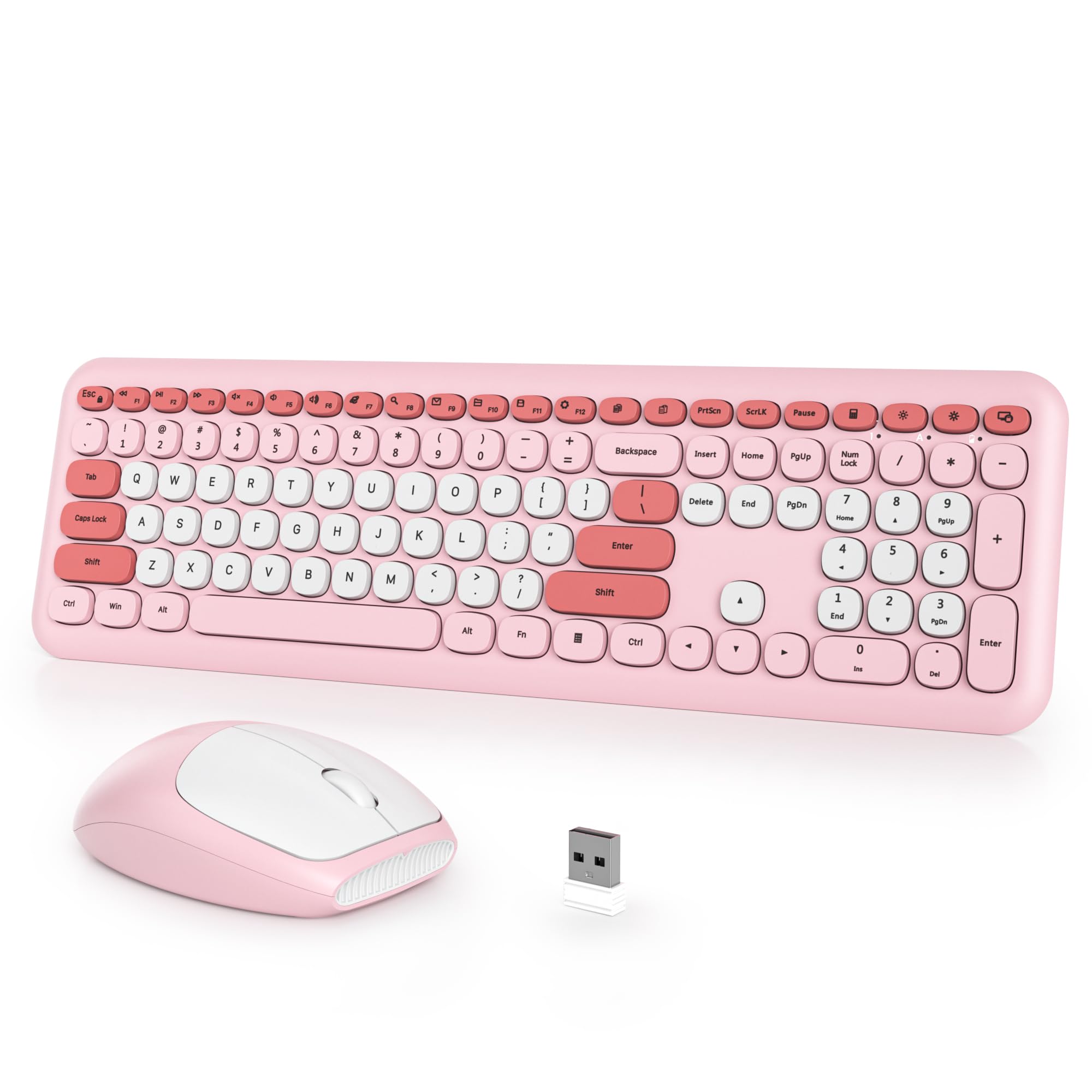 Typewriter Wireless Keyboard and Mouse Combo,2.4G Office 104 Keys Full-Sized Retro Punk Keyboard,Cute Red Keyboard with Round Keycaps for Laptop PC Desktops (Pink White)-image-44