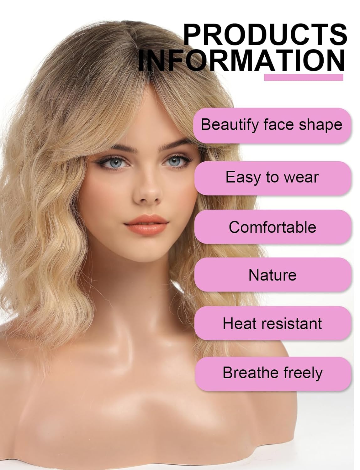 Short Light Blonde Bob Wigs for Women,Synthetic Wavy Curly Hair Wig with Bangs for Daily - Image 3