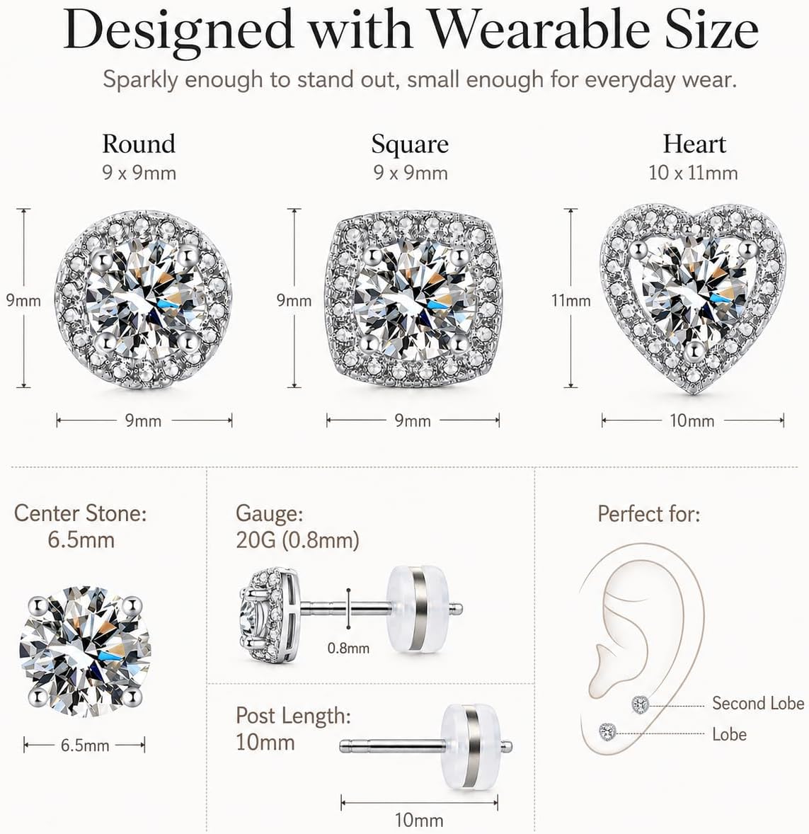 3 Pairs Silver Stud Earrings 925 Sterling Silver Posts For Women Men