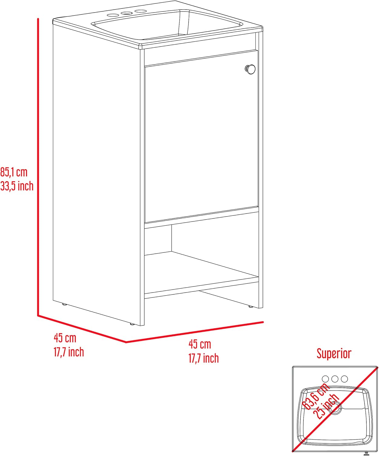 Bathroom Vanity, Single Door Cabinet, Two Shelves -White