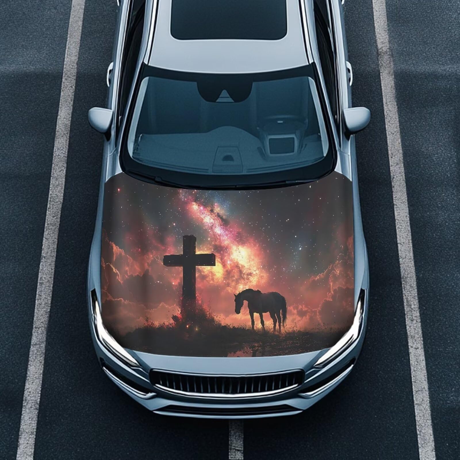Cross Horse Car Hood Cover Protector,an All-Weather Waterproof,Windproof Car Cover for Winter Frost and Ice Removal,Including Side Mirror Covers