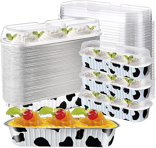 Mini moldes para tartas con tapas, mini moldes para hornear, tazas largas de papel de aluminio, paquete de 50 mini moldes para pan con tapas, forros