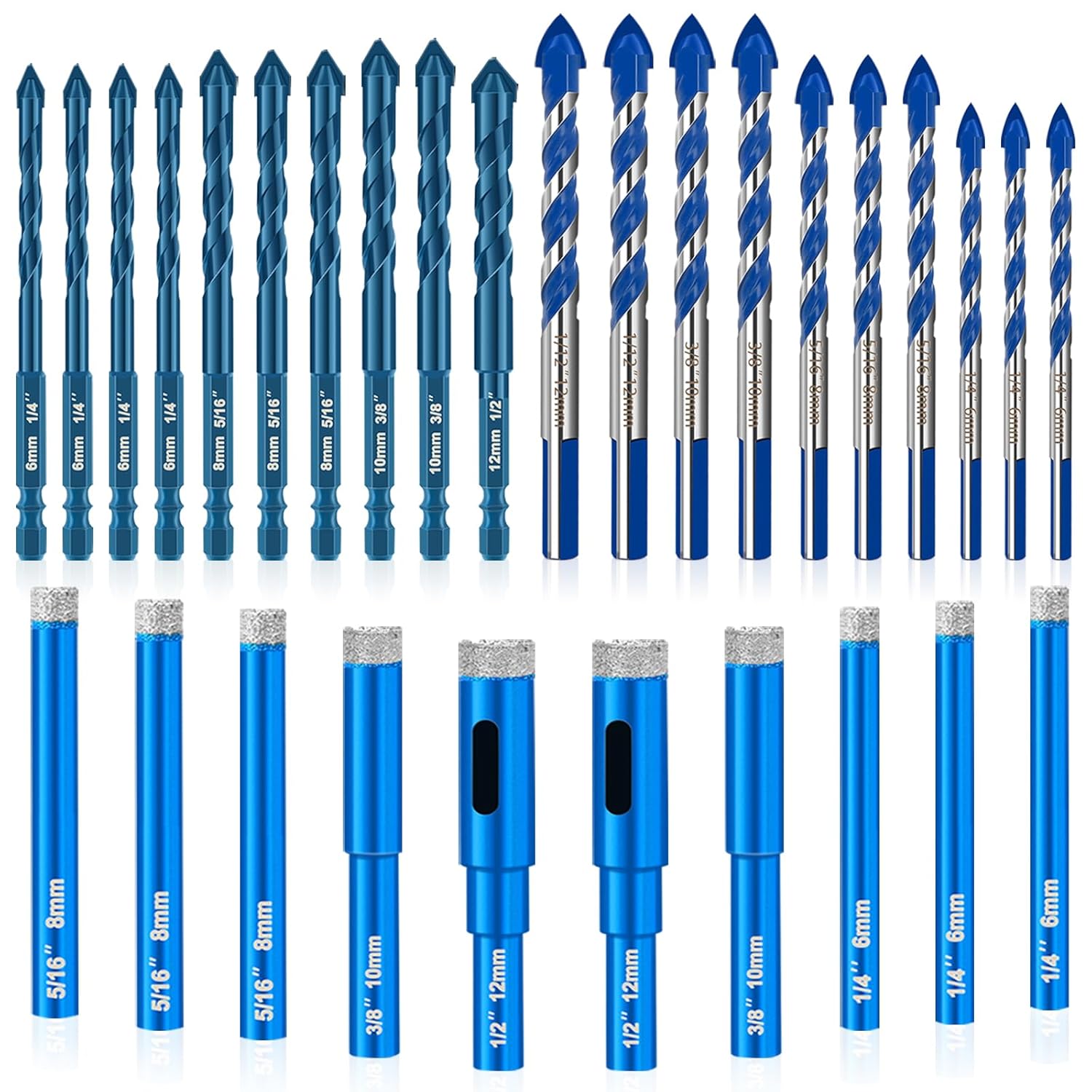 Diamond Drill Bits Set, 30 Pcs Professional Masonry Drill Bit Set, Premium Carbide Drill Bits Set, Multiple Sizes Concrete Drill Bit for Ceramic Glass Porcelain Tile Marble Metal Plastic Wood, Blue