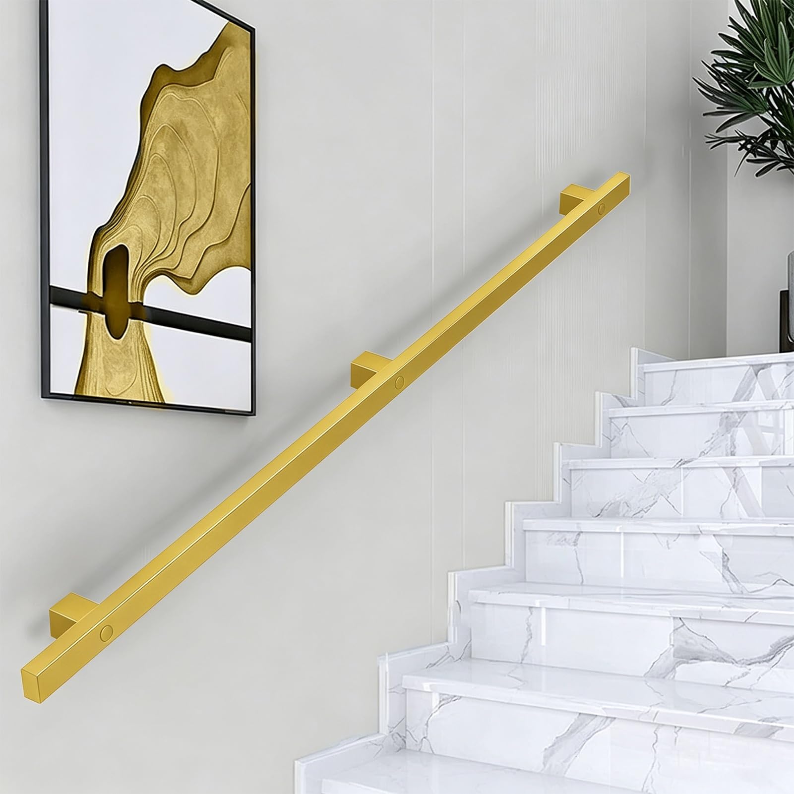Modern Staircase Banister Hand Rails - 60cm/1.2m/2.8m/3m/3.5m/4m/4.5m - Gold, Wall Mount Metal Anti-Slip Stairs Handrail for Indoor Outdoor Steps - Complete Kit(13ft/390cm)