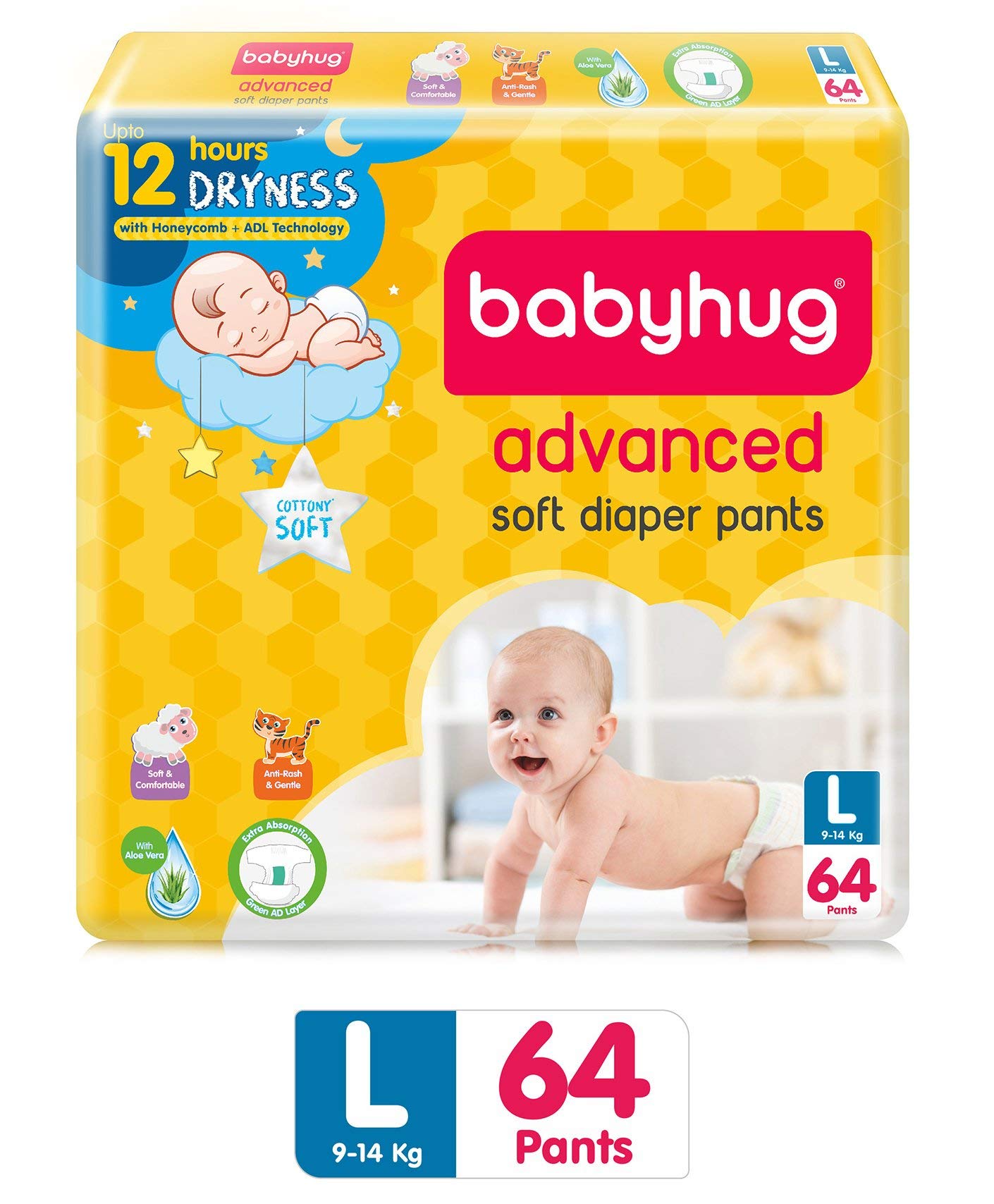 Babyhug Baby Diapers Pants Large 64s Pack - Advanced Soft Diapers Pants(Pack of L64) (9-14 Kg)