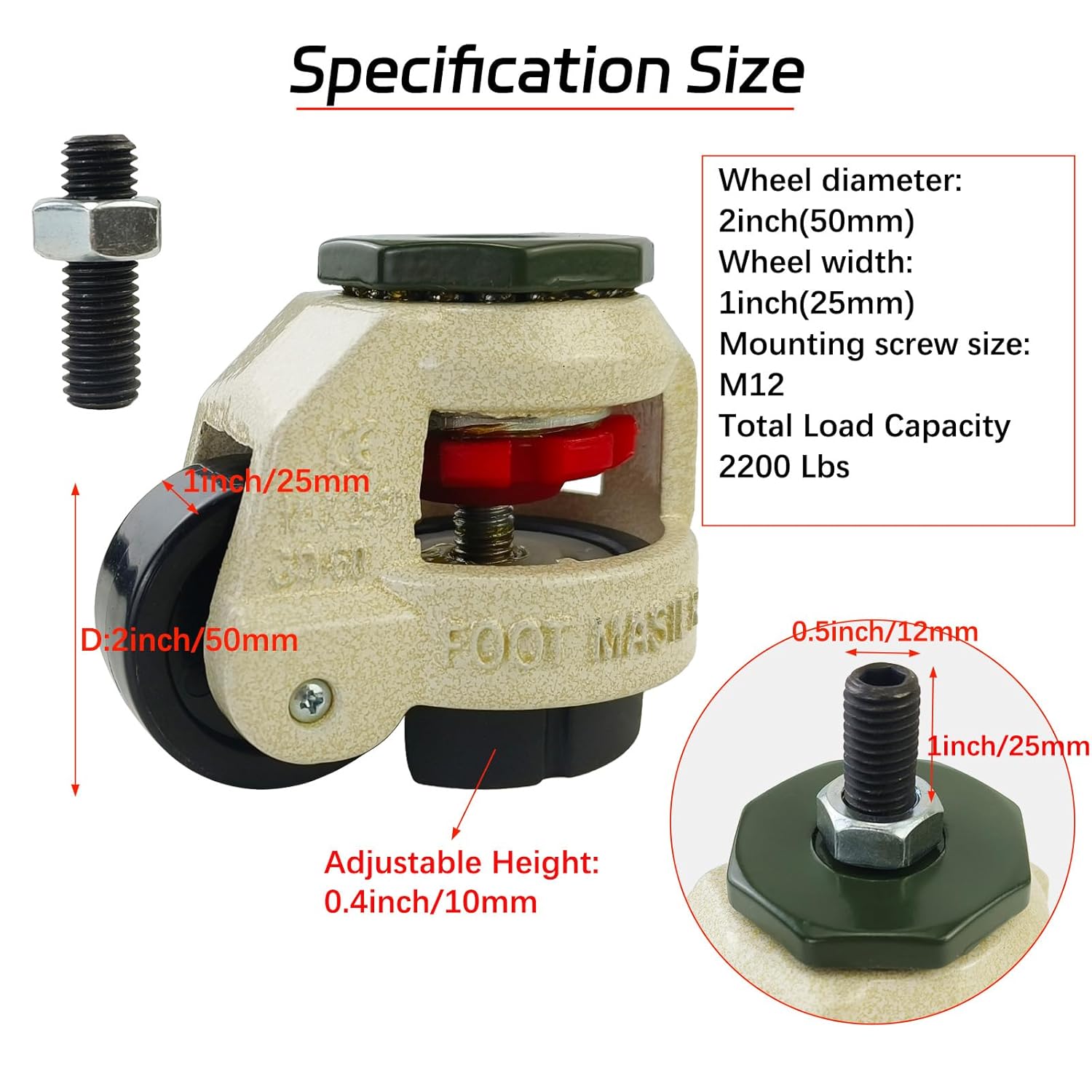 4 PCS 2 Inch(50mm) Leveling Machine Stem Casters Retractable Rubber Leveling Foot for Workbench, Machines, and Equipment Total Capacity 2200 Lbs