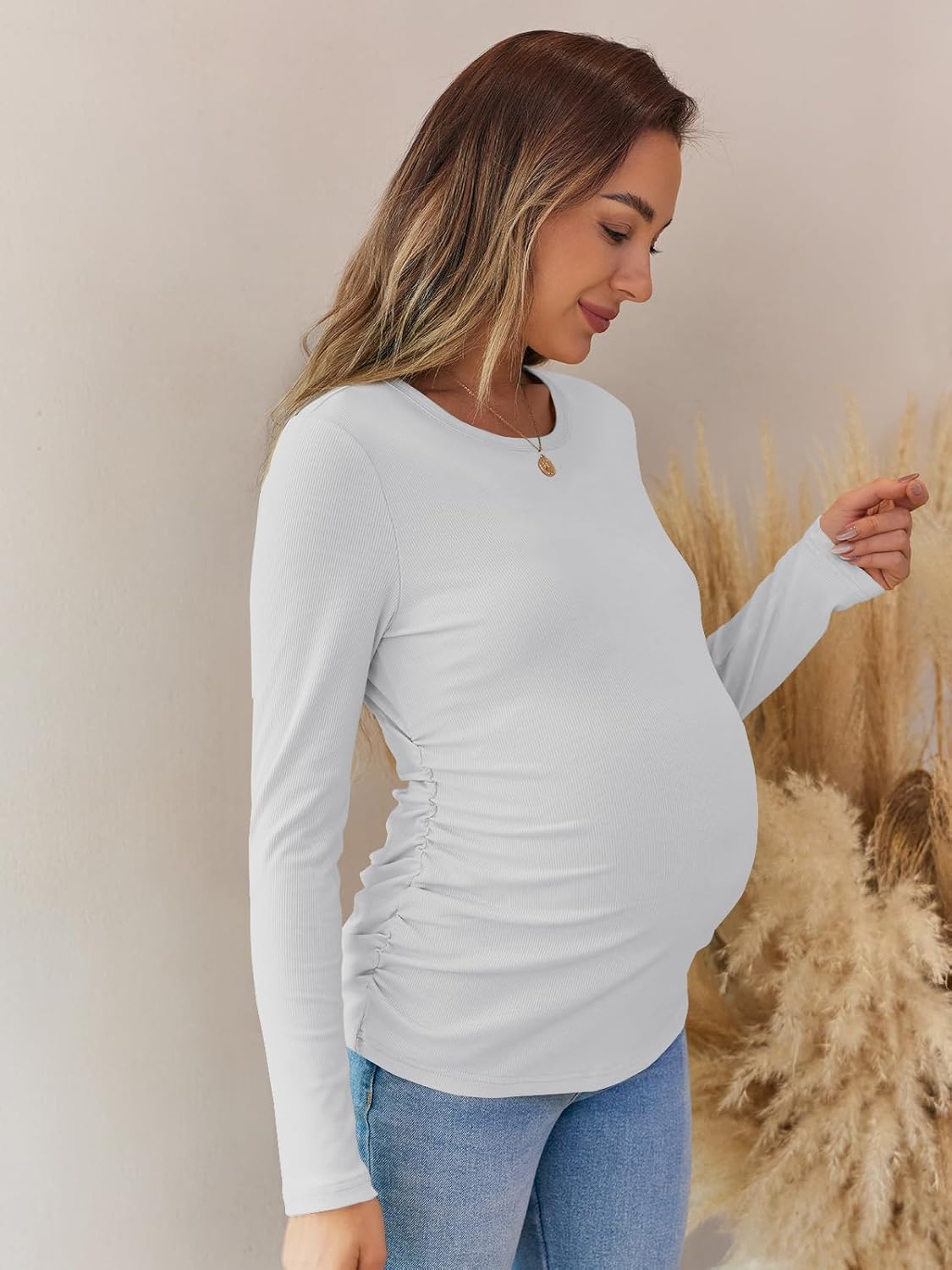 Women's Maternity Fall Tops Long Sleeve Crew Neck Ribbed Knit Slim Fitted Blouse Side Ruched Pregnancy Shirts - Image 2
