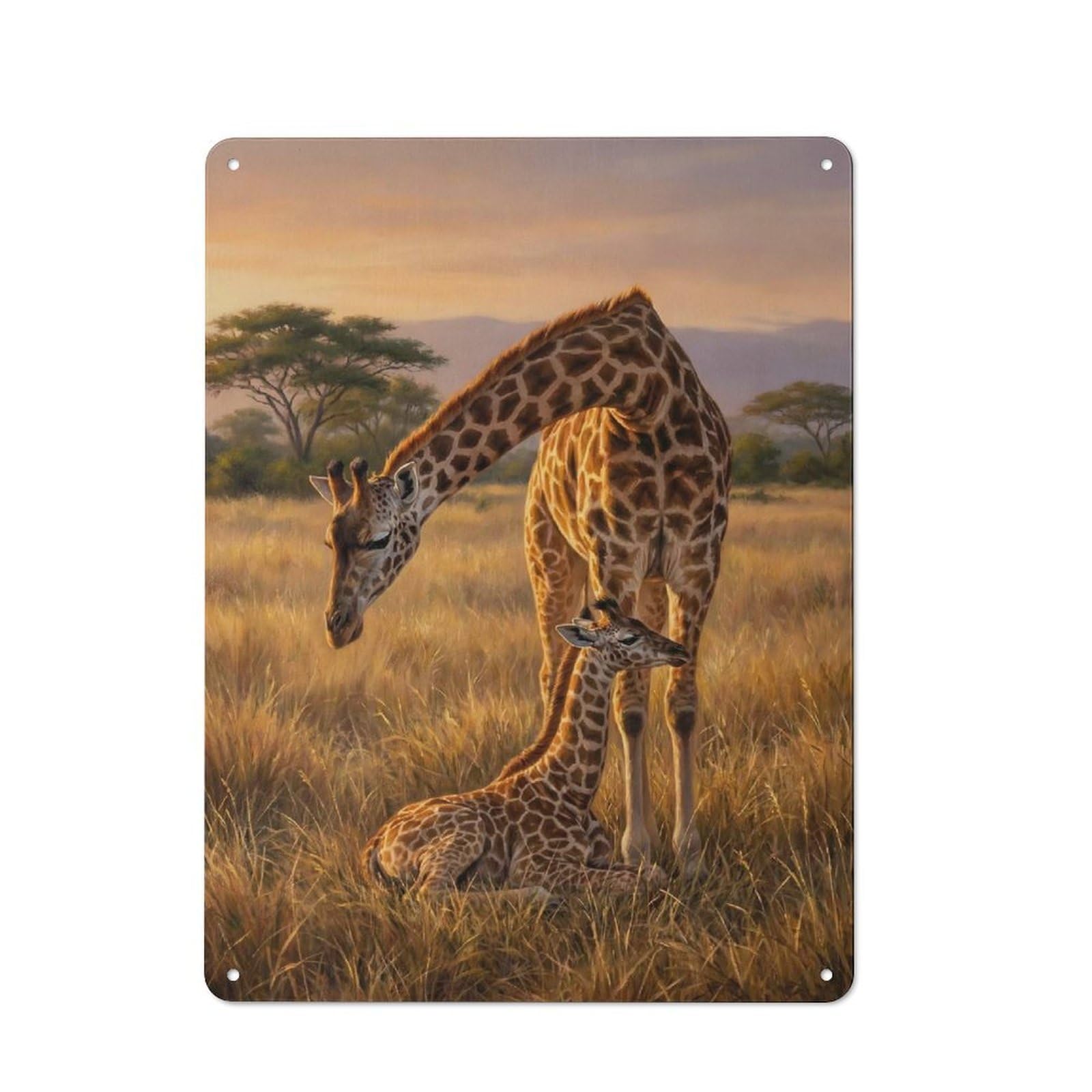 Junmoney Style-13 Giraffe Mother And Calf In Savannah Cottage Style Metal Wall Decor 40X30cm, Tin Wall Plaque For Kitchen, Cottage, Porch Or Garden Room